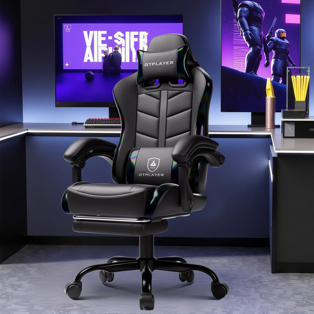 Ultimate Ergonomic Gaming Chair with Adjustable Footrest - Stylish Black Comfort for Adults and Teens