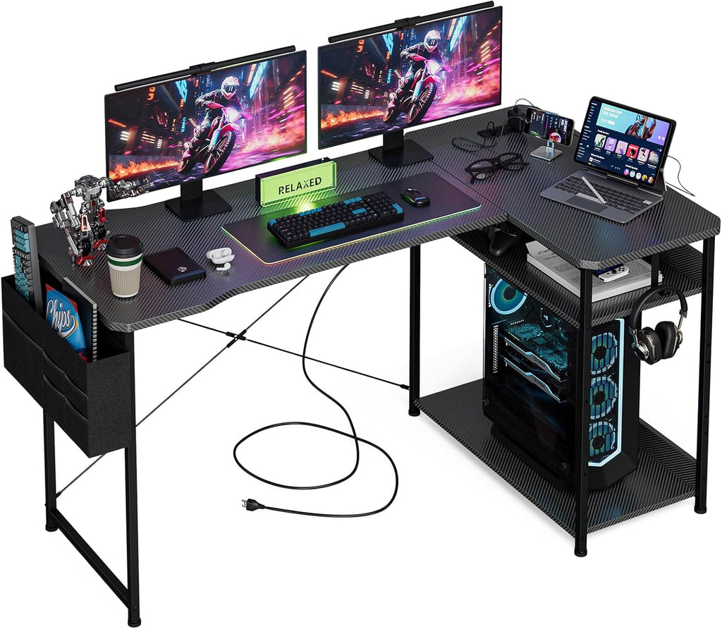 Transform Your Workspace with the 55 Inch L Shaped Gaming Desk - Featuring Power Outlets, Reversible Shelves, and Ample Storage for Ultimate Comfort and Style