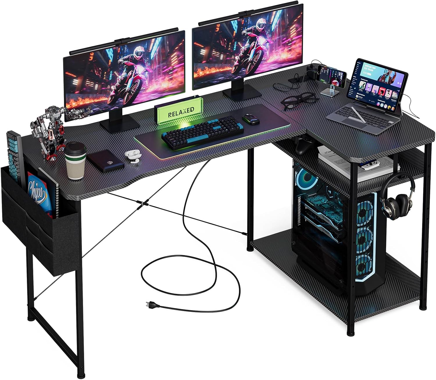 Transform Your Workspace with the 55 Inch L Shaped Gaming Desk - Featuring Power Outlets, Reversible Shelves, and Ample Storage for Ultimate Comfort and Style