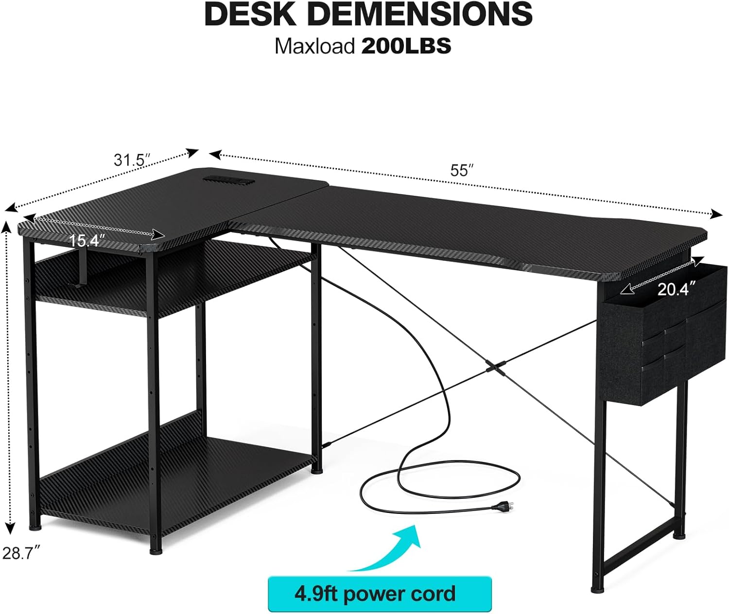 Transform Your Workspace with the 55 Inch L Shaped Gaming Desk - Featuring Power Outlets, Reversible Shelves, and Ample Storage for Ultimate Comfort and Style
