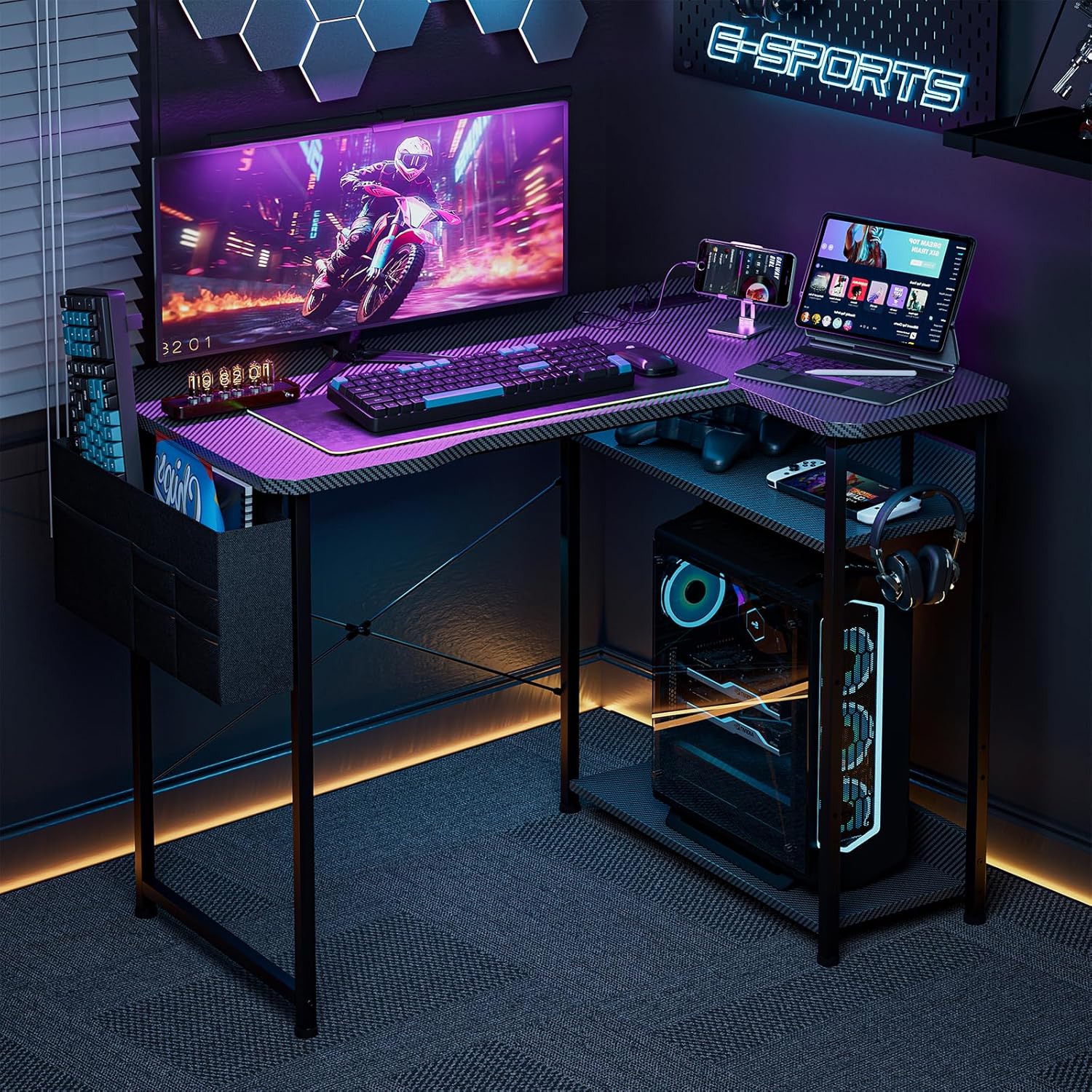 Transform Your Workspace with the 55 Inch L Shaped Gaming Desk - Featuring Power Outlets, Reversible Shelves, and Ample Storage for Ultimate Comfort and Style