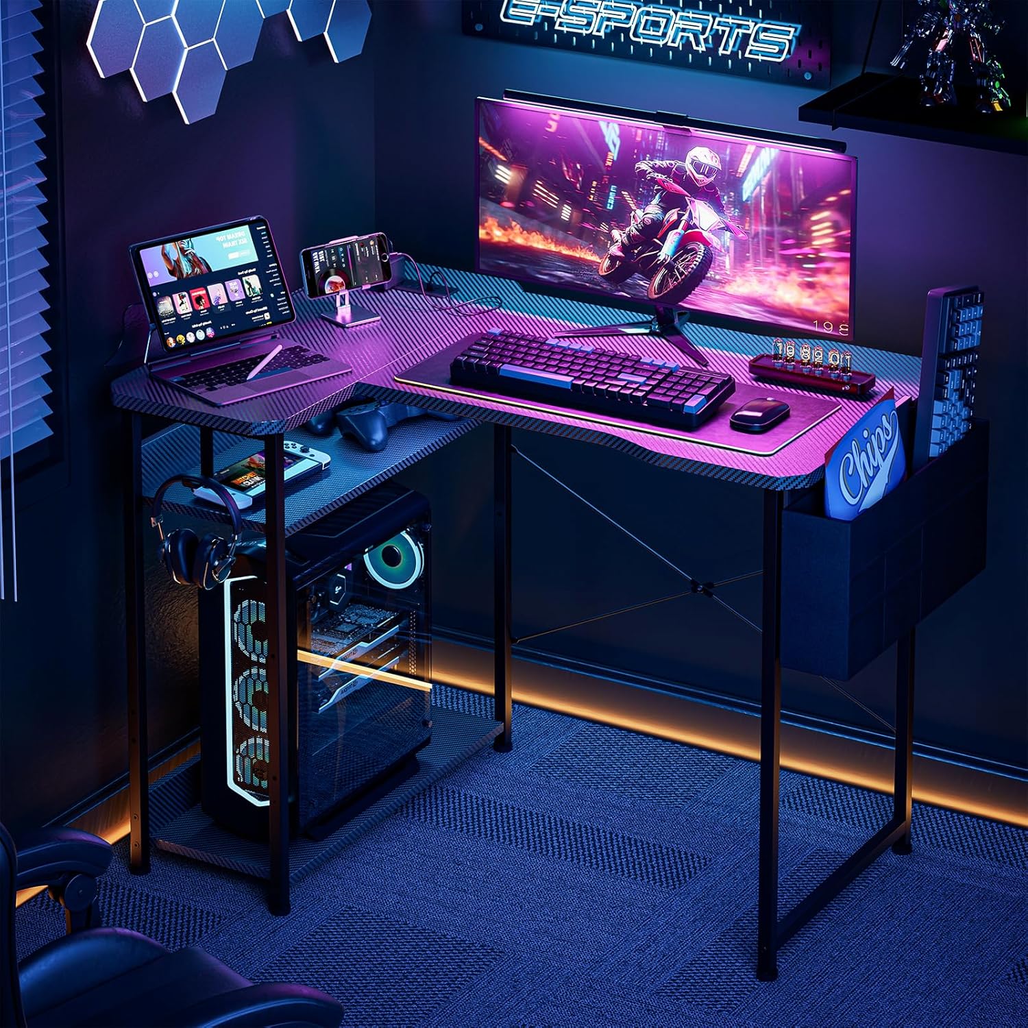 Transform Your Workspace with the 55 Inch L Shaped Gaming Desk - Featuring Power Outlets, Reversible Shelves, and Ample Storage for Ultimate Comfort and Style