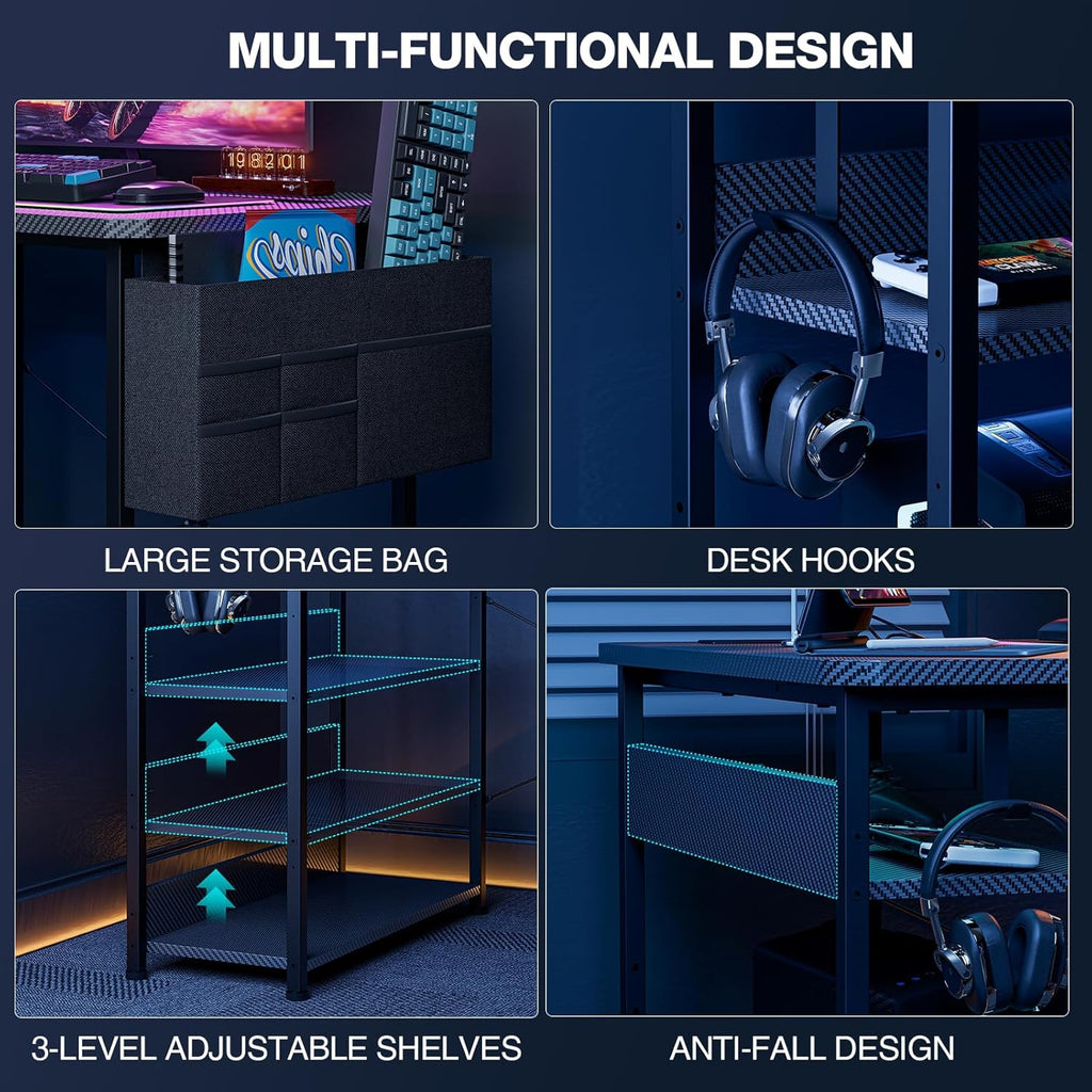 Transform Your Workspace with the 55 Inch L Shaped Gaming Desk - Featuring Power Outlets, Reversible Shelves, and Ample Storage for Ultimate Comfort and Style