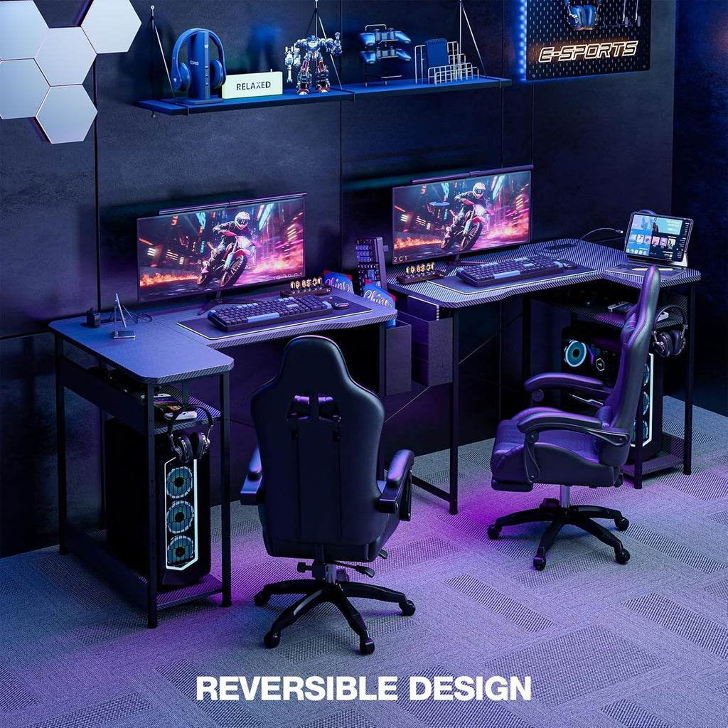 Transform Your Workspace with the 55 Inch L Shaped Gaming Desk - Featuring Power Outlets, Reversible Shelves, and Ample Storage for Ultimate Comfort and Style