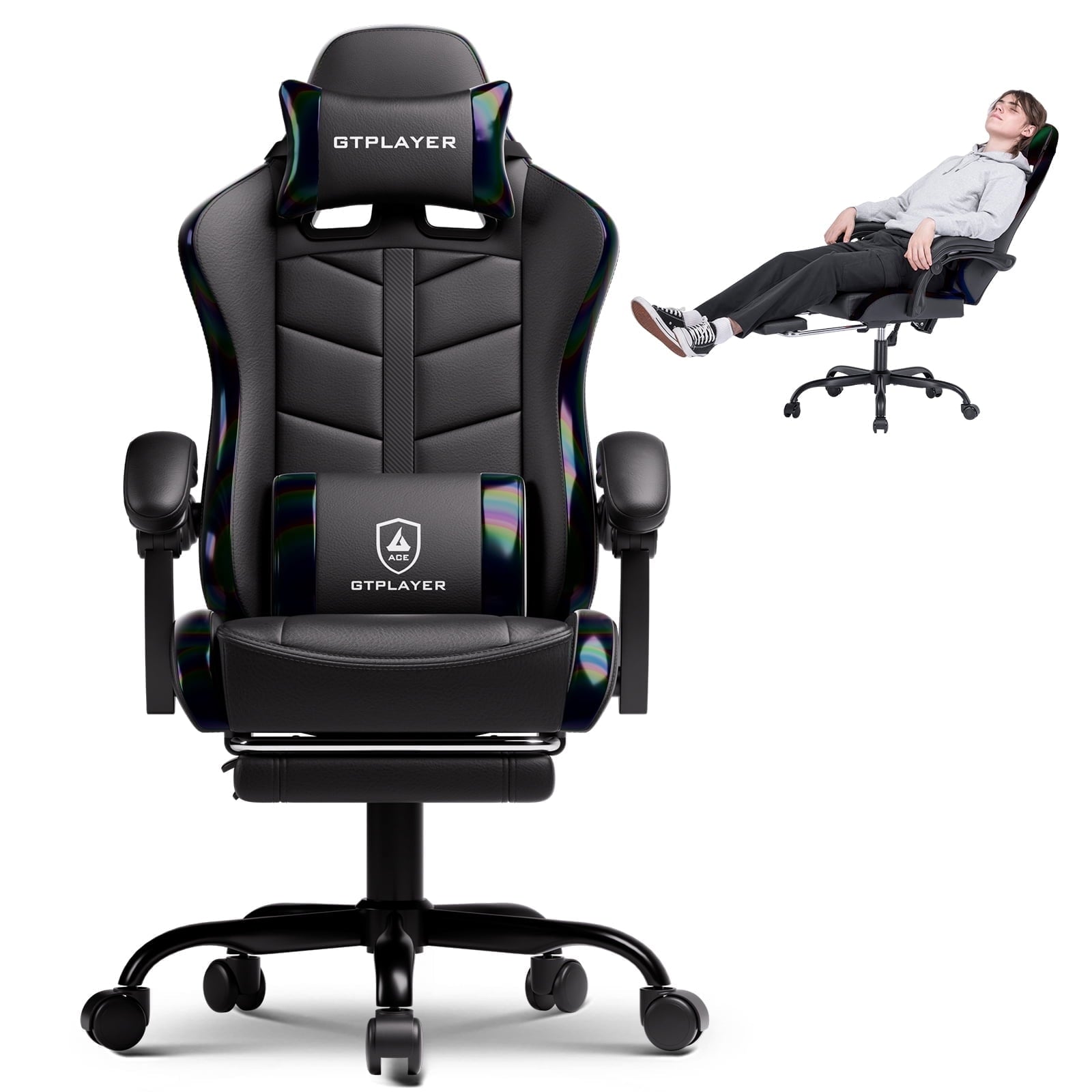 Ultimate Ergonomic Gaming Chair with Adjustable Footrest - Stylish Black Comfort for Adults and Teens