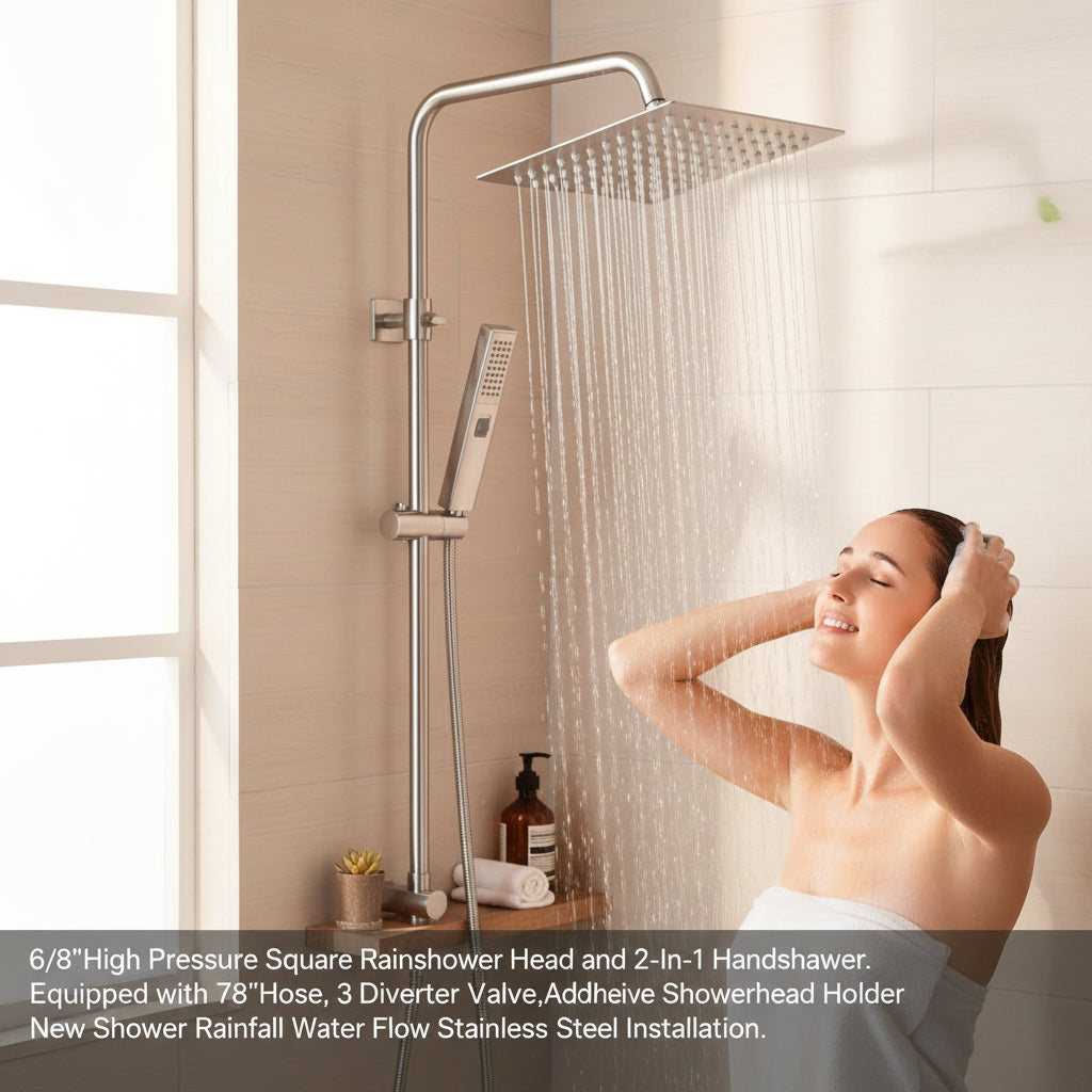 6/8"High Pressure Square Rainshower Head and 2-In-1 Handshower.Equipped with 78"Hose, 3Way Diverter Valve,Adhesive Showerhead Holder New Shower Rainfall Water Flow Stainless Steel Installation