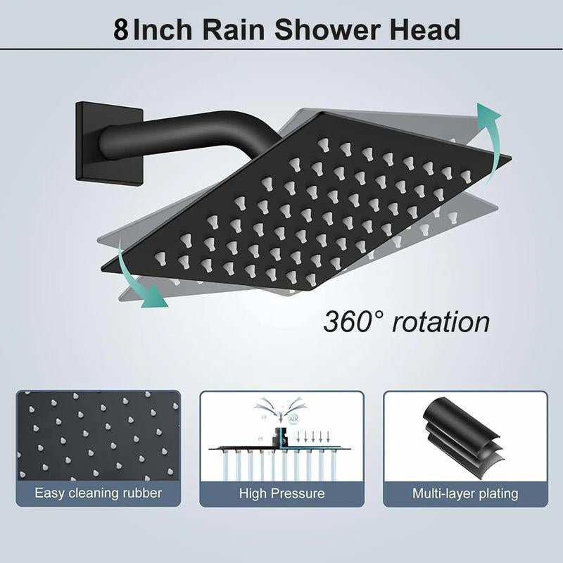 6/8"High Pressure Square Rainshower Head and 2-In-1 Handshower.Equipped with 78"Hose, 3Way Diverter Valve,Adhesive Showerhead Holder New Shower Rainfall Water Flow Stainless Steel Installation